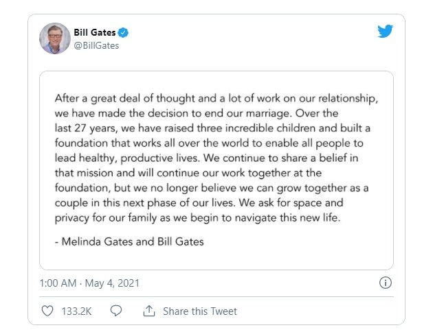 بیل گیتس و همسرش بعد از ۲۷ سال زندگی مشترک از یکدیگر جدا می‌شوند