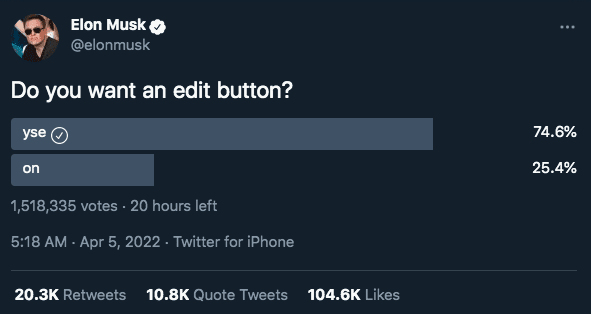 نظرسنجی ماسک درباره دکمه ویرایش توییتر
