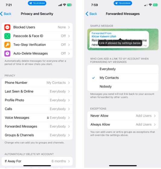 تنظیمات امنیتی فوروارد پیام تلگرام